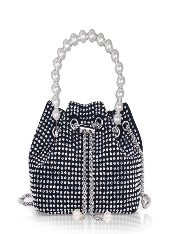 DOSYSO Diomond Bucket Bag Mini Evening Pearl Handle Handbags Clutch For Women Drawstring Crossbody Sling Bags with Chain Strap Stylish Potli Bags Ladies Purse for Party Wedding Bling Bags (Silver). - Image 1